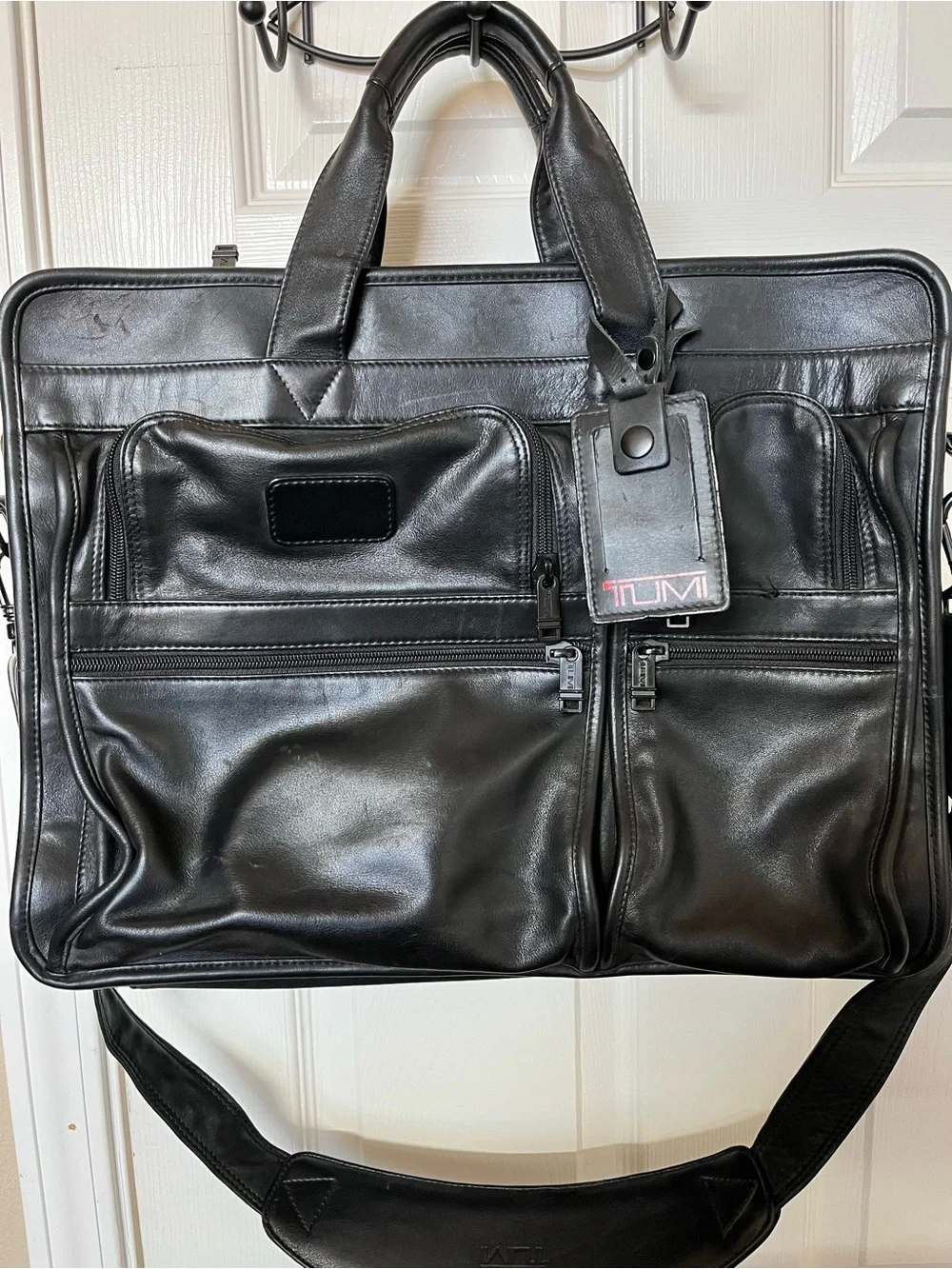 Tumi Black Leather Multi-Pocket Briefcase with Shoulder Strap